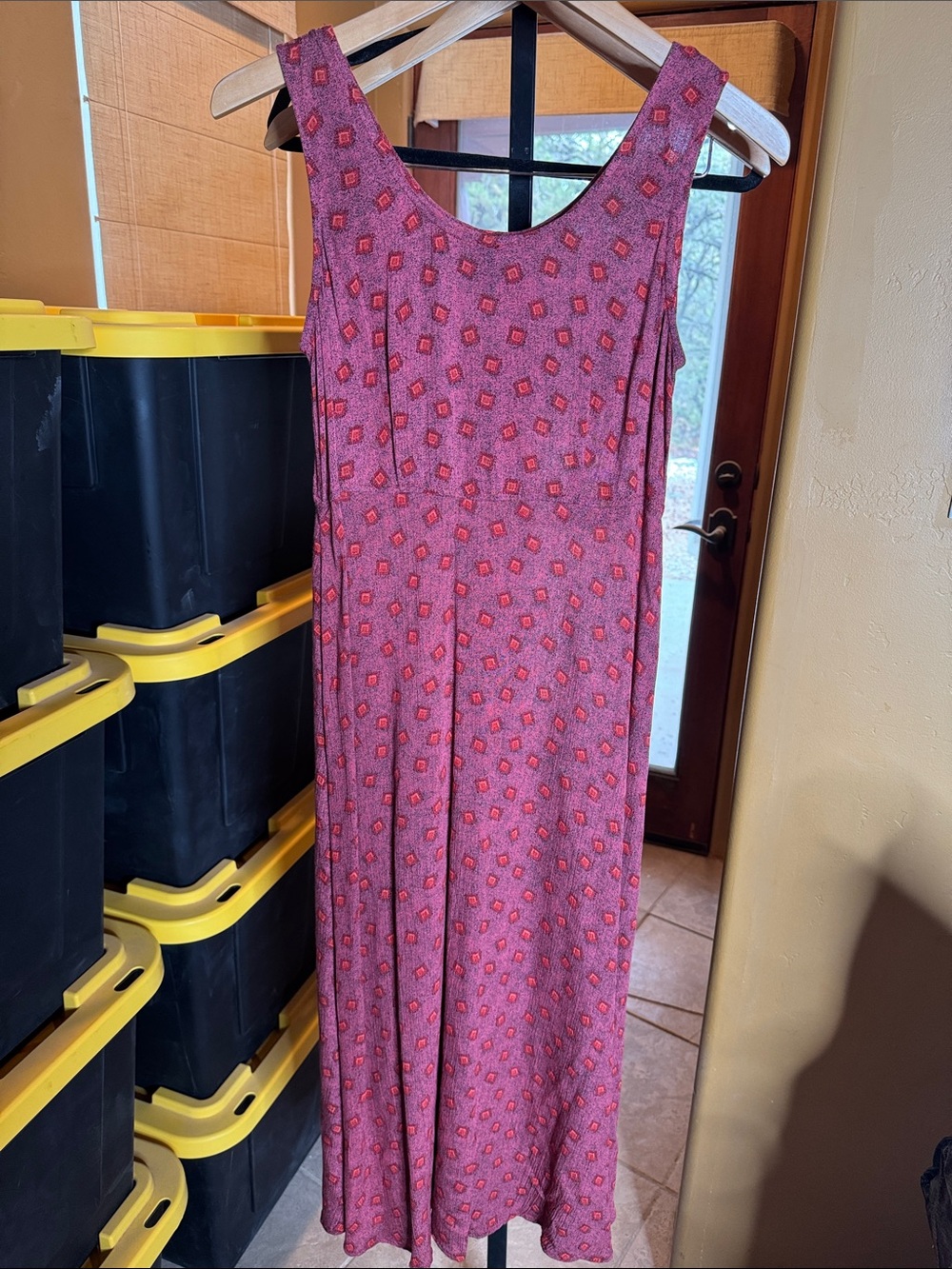 Vintage Rabbit Rabbit Rabbit Maxi Dress 4 Petite Pink Red Print 90s Rayon A-Line - Picture 2 of 8